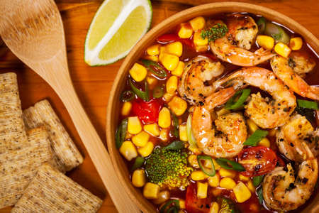 Tomato Soup With Shrimp, Broccoli and Corn. Selective focus.の写真素材