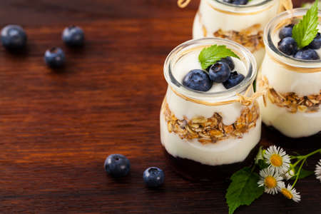 Greek Yogurt with Blueberries and Granola Parfait. Selective focus.の写真素材