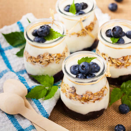 Greek Yogurt Dessert with Blueberries. Selective focus.の写真素材