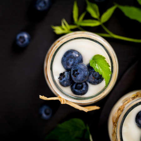 Yogurt with Blueberries and Granola Parfait. Selective focus.の写真素材