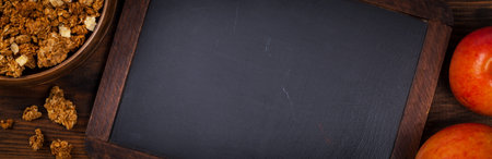 Apple Cinnamon Granola Back to school. Education background concept with copyspace. Panoramic image....