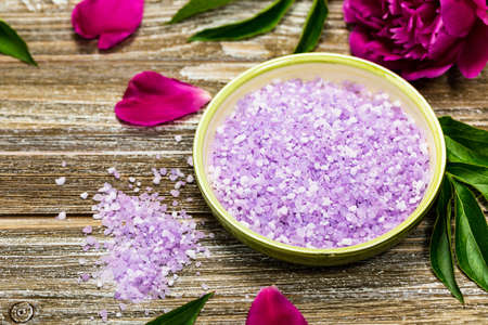 Purple Peony Salt for Spa and Aromatherapy. Selective focus.の写真素材