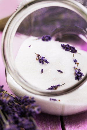 Lavender Sugar with Lavender Flowers. Selective focus.の写真素材