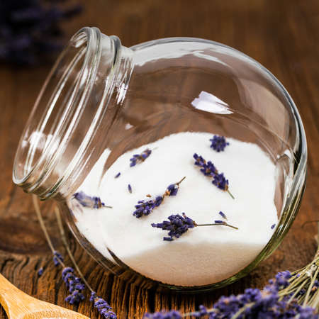 Lavender Sugar with Lavender Flowers. Selective focus.の写真素材
