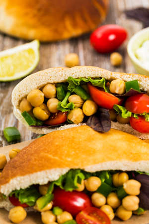 Veggie Pitas with Garbanzo Bean or Chickpea Salad. Selective focus.の写真素材