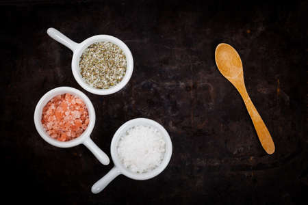 Types of Salt Himalayan, Kosher and Sea Salt Herb Seasoning. Selective focus.の写真素材