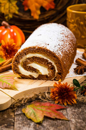 Pumpkin Cake with Cream Cheese Filling. Autumn Baking. Selective focus.の写真素材