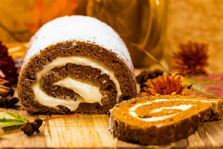 Pumpkin Cake with Cream Cheese Filling. Autumn Baking. Selective focus.の写真素材