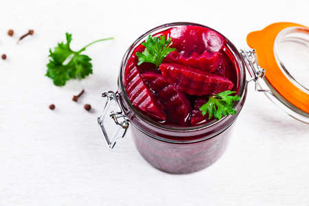 Pickled Marinated Beets in the Jar. Selective focus.の写真素材