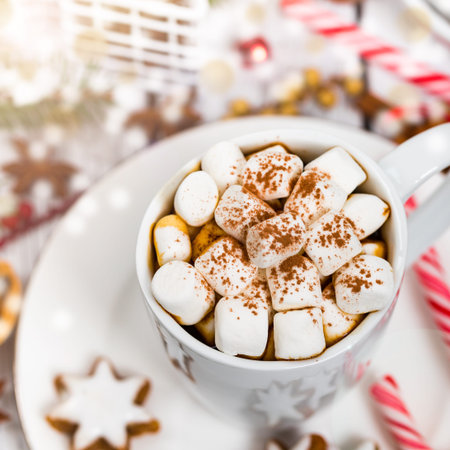 Christmas and New Year Background Breakfast with Croissants and Hot Cocoa with Marshmallows. Selective focus.
