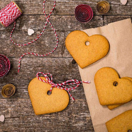 Valentines Day Heart Shaped Cookies on Wooden Background. Valentines Day Background. Selective focus.の写真素材