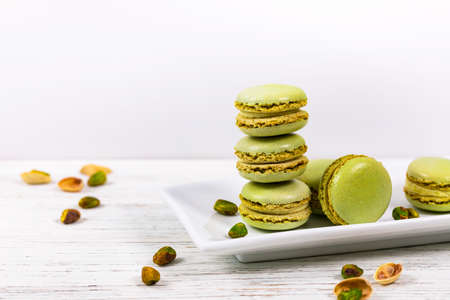 Green Pistachio Macaron Cookies. Selective focus.の写真素材