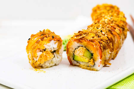 New York Crunch Sushi Roll. Selective focus.の写真素材