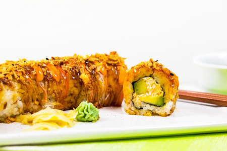 New York Crunch Sushi Roll. Selective focus.の写真素材