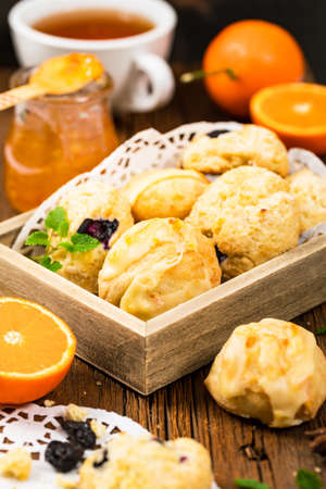 Mini Scones Variety. Orange and Blueberry Mini Scone Cookies. Selective focus.の写真素材