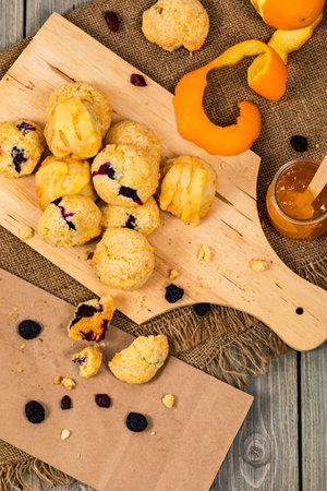 Mini Scones Variety. Orange and Blueberry Mini Scone Cookies. Selective focus.の写真素材