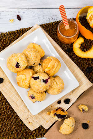Mini Scones Variety. Orange and Blueberry Mini Scone Cookies. Selective focus.の写真素材