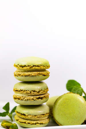 Green Pistachio Macaron Cookies. Selective focus.の写真素材
