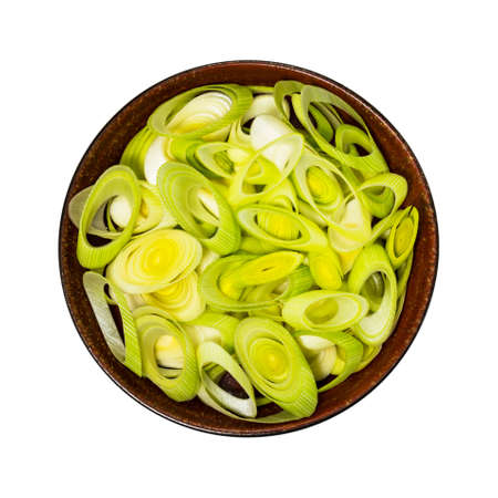 Sliced Leek Green Onion Isolated on white background. Selective focus.の写真素材