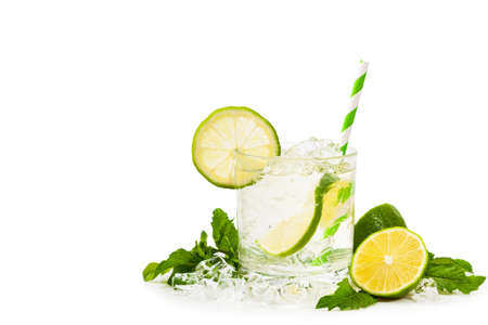 Moscow Mule Cocktail Isolated on White Background. A Moscow mule is a cocktail made with vodka, spicy ginger beer, and lime juice. Selective focus.の写真素材