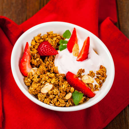 Strawberry Granola Yogurt Breakfast. Selective focus.の写真素材