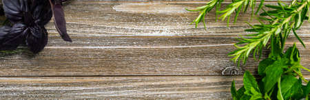 Fresh garden herbs on wooden table. Top view with copy space. Selective focus on the wooden table.の写真素材