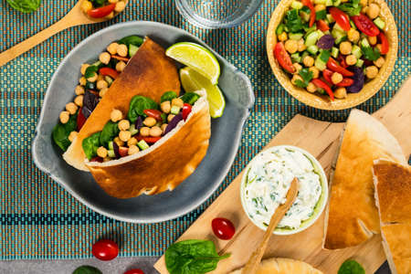 Garbanzo Bean or Chickpea Salad Veggie Pitas. Selective focus.の写真素材