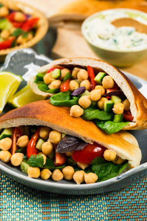 Garbanzo Bean or Chickpea Salad Veggie Pitas. Selective focus.の写真素材