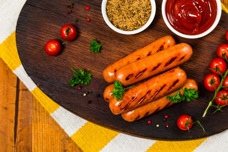 Grilled Smoked Knackwurst Bratwurst Sausages. Selective focus.の写真素材