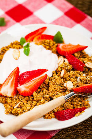 Strawberry Granola Yogurt Breakfast. Selective focus.の写真素材