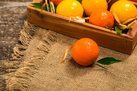 Lemon Oranges. Meyer lemon Hybrid Citrus Fruit Native to China. Selective focus.の写真素材