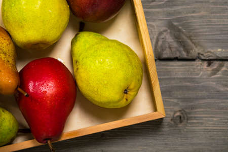 Fresh Ripe Organic Pears on a Wooden Table. Selective focus.の写真素材