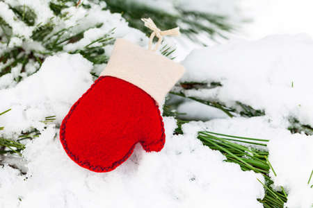 Christmas Background. Red and White Felt Mitten on a Natural Background. Selective focusの写真素材