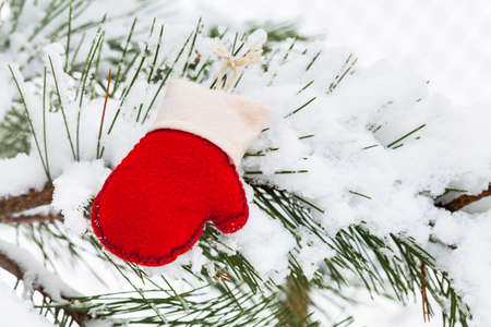Christmas Background. Red and White Felt Mitten on a Natural Background. Selective focusの写真素材