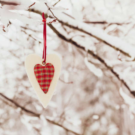 Textile Red Heart on Snowy Tree Brunch in Winter Background for Christmas and New Year Concept. Selective focus.の写真素材