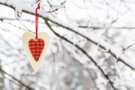 Textile Red Heart on Snowy Tree Brunch in Winter Background for Christmas and New Year Concept. Selective focus.の写真素材