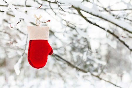 Christmas Background. Red and White Felt Mitten on a Natural Background. Selective focusの写真素材