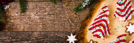 Christmas Tree Cakes on Wooden Background. Christmas Background. Selective focus.の写真素材