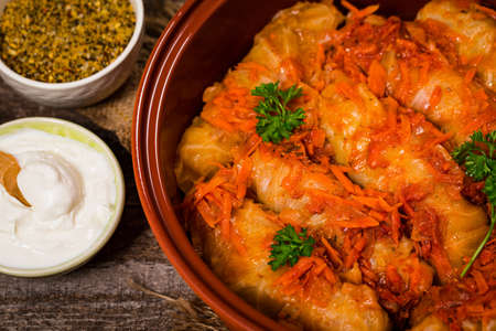 Russian Stuffed Cabbage Rolls on Wooden Background. Selective focus.の写真素材
