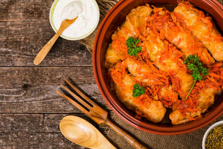 Russian Stuffed Cabbage Rolls on Wooden Background. Selective focus.の写真素材