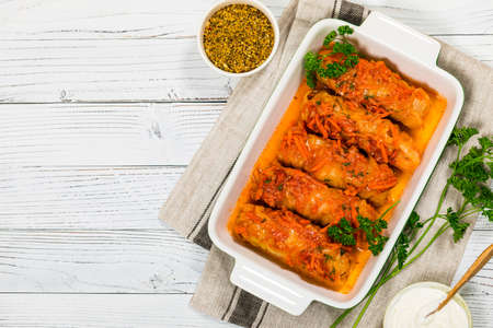 Russian Stuffed Cabbage Rolls on Wooden Background. Selective focus.の写真素材