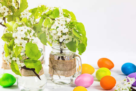 Spring Blossoms with Decorative Easter Eggs. Easter theme. Selective focus.の写真素材