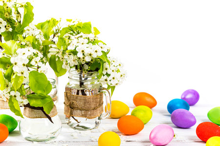 Spring Blossoms with Decorative Easter Eggs. Easter theme. Selective focus.