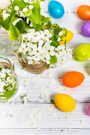 Spring Blossoms with Decorative Easter Eggs. Easter theme. Selective focus.の写真素材