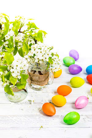 Spring Blossoms with Decorative Easter Eggs. Easter theme. Selective focus.の写真素材
