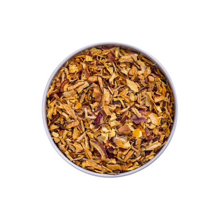 Dried Shallots Onion Flakes Dehydrated Spice Isolated on White Background. Selective focus.の写真素材