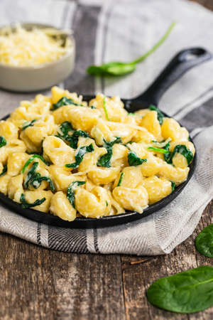 Parmesan Spinach Macaroni and Cheese on Wooden Background. Selective focus.の写真素材