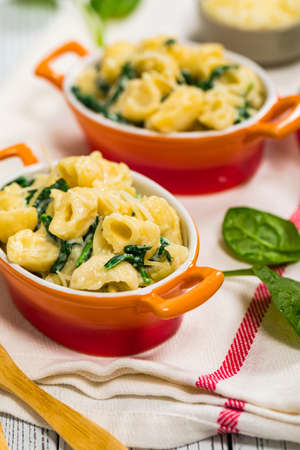 Parmesan Spinach Macaroni and Cheese on Wooden Background. Selective focus.の写真素材