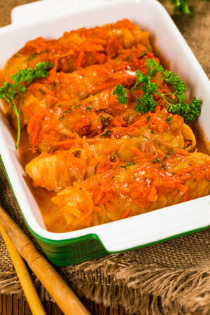 Cabbage Rolls With Ground Beef and Rice. Panoramic image. Selective focus.の写真素材