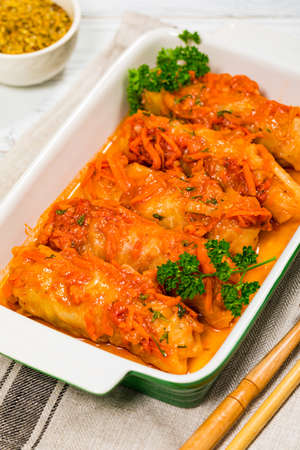 Cabbage Rolls With Ground Beef and Rice. Panoramic image. Selective focus.の写真素材